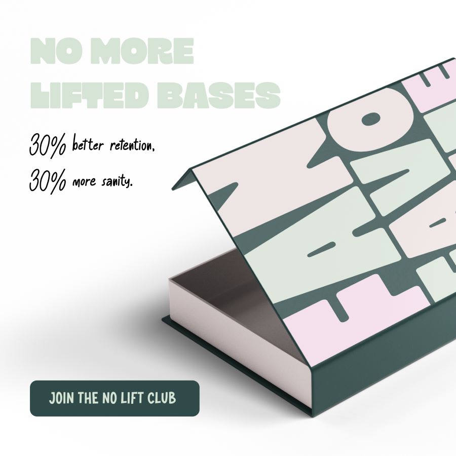 Your Fan Club lash box with ‘No More Lifted Bases’ text promoting 30% better retention